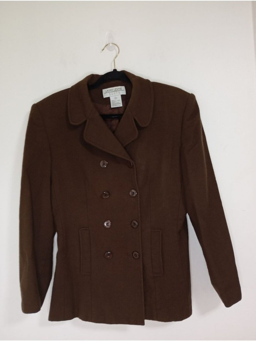 Larry Levine Womens Brown Double-Breasted 100% Wool Crepe Blazer Size 14